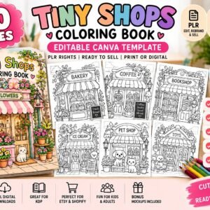 Tiny Shops Coloring Book – 150 Pages | Editable Canva Template + PLR Resell Rights