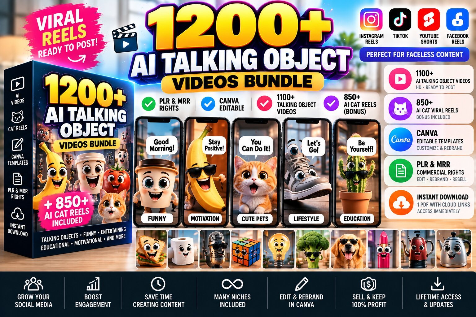 1200+ AI Talking Object Videos Bundle | Canva Editable Reels + PLR & MRR Rights + 850 Bonus Cat Reels