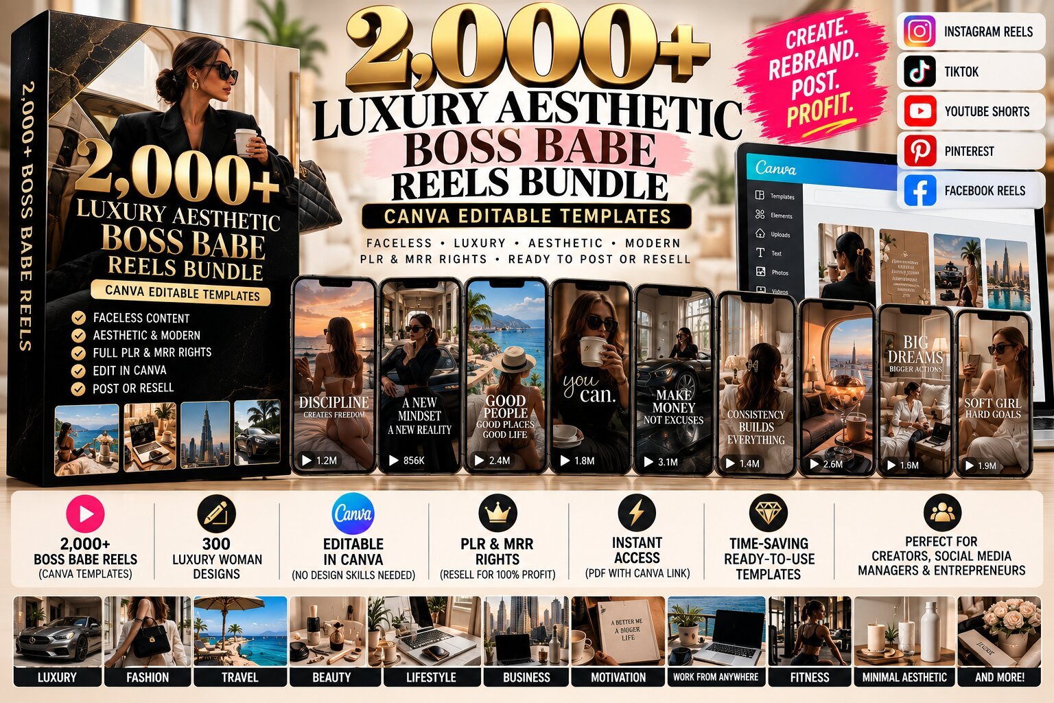 2,000+ Luxury Boss Babe Reels Bundle | Canva Editable Faceless Content + PLR & MRR Resell Rights